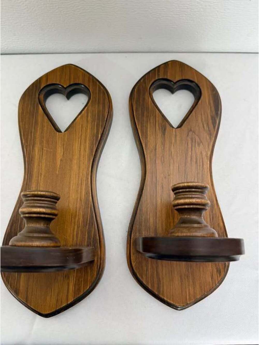 Pair of Vintage Wood Heart Cutout Wall Sconce Candle Holders